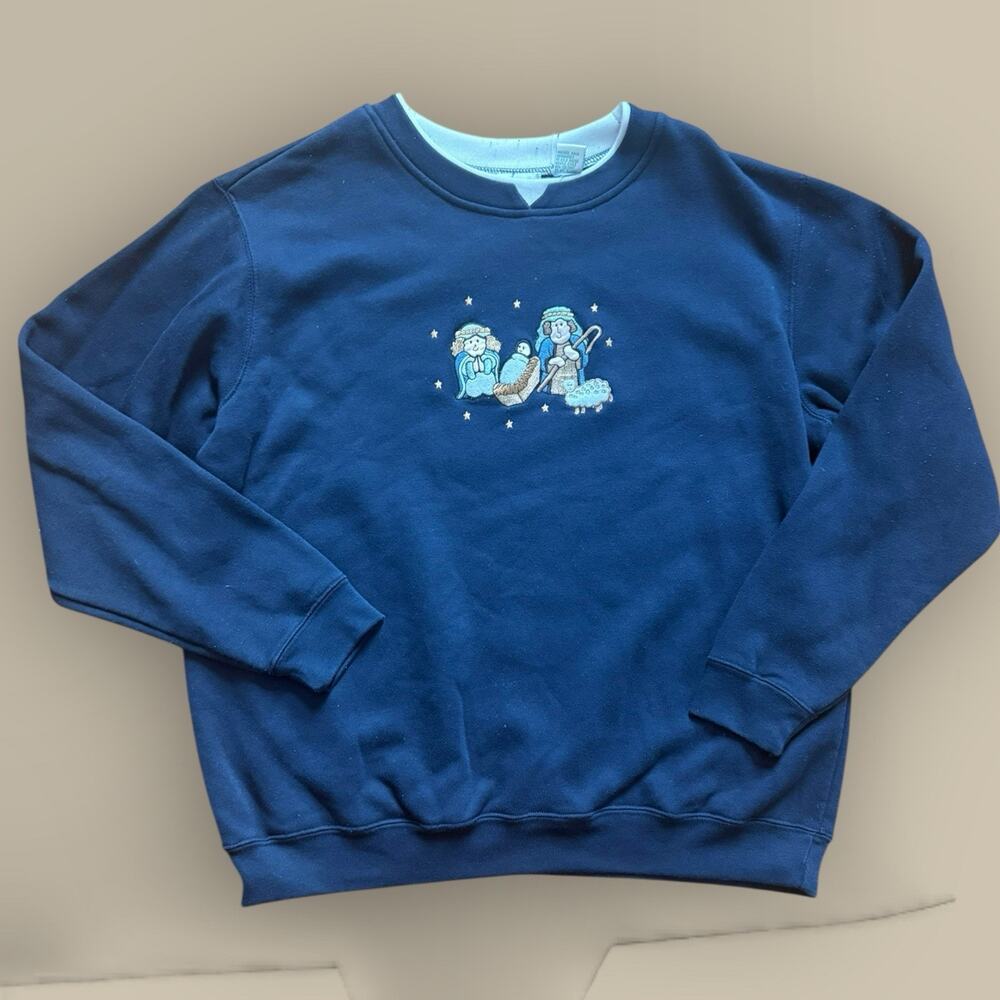 Vtg 90s Christmas Sweatshirt Womens Size XL Blue Nativity Crew Neck Embroidered
